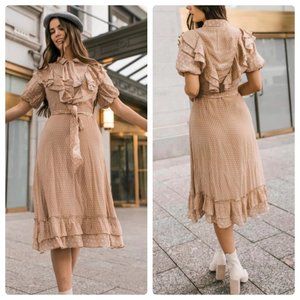 Ivy City Midi Dress Womens Medium Cream Polka Dot Puff Sleeves Ruffles Millie